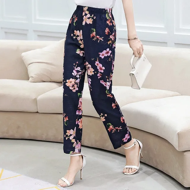 Women Pants Korean Cotton Linen Elastic Waist