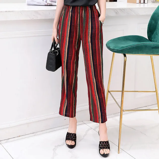 Women Pants Korean Cotton Linen Elastic Waist