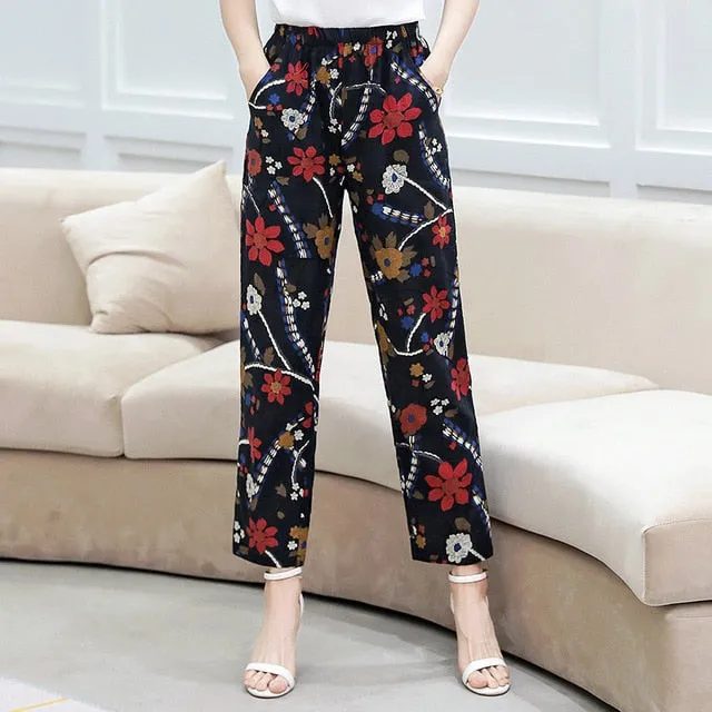 Women Pants Korean Cotton Linen Elastic Waist