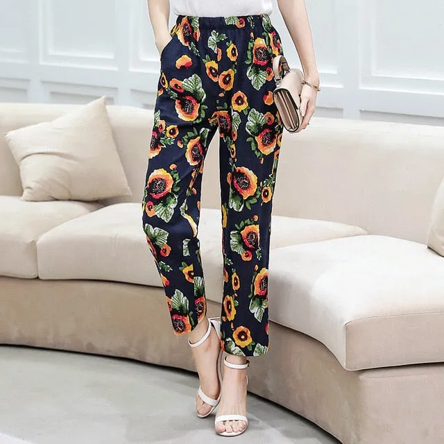 Women Pants Korean Cotton Linen Elastic Waist