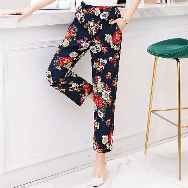 Women Pants Korean Cotton Linen Elastic Waist
