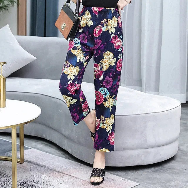 Women Pants Korean Cotton Linen Elastic Waist