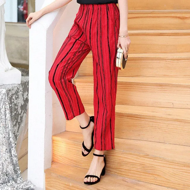 Women Pants Korean Cotton Linen Elastic Waist