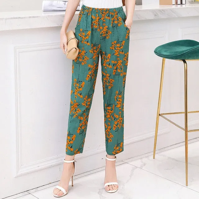 Women Pants Korean Cotton Linen Elastic Waist