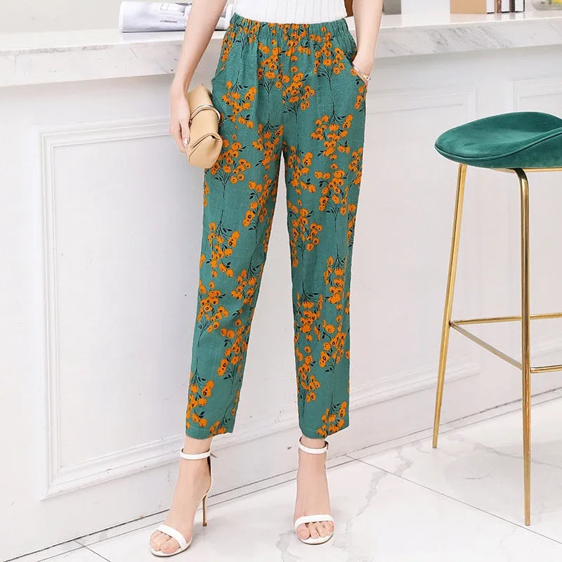 Women Pants Korean Cotton Linen Elastic Waist