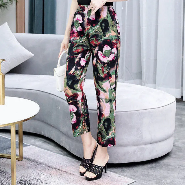 Women Pants Korean Cotton Linen Elastic Waist