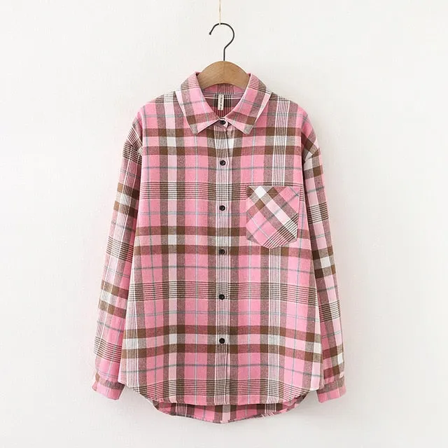 Women Plaid Shirt Chic Checked Blouse Long Sleeve Female Casual Print Shirts Loose Cotton Tops