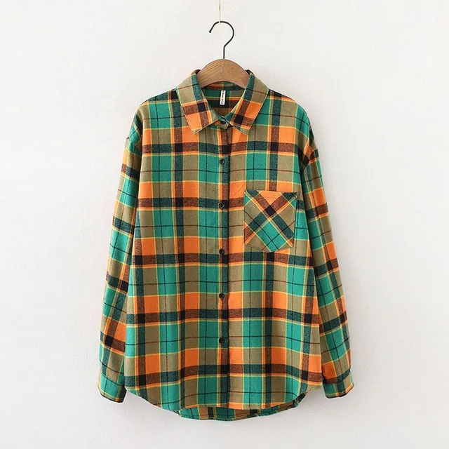 Women Plaid Shirt Chic Checked Blouse Long Sleeve Female Casual Print Shirts Loose Cotton Tops