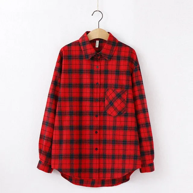 Women Plaid Shirt Chic Checked Blouse Long Sleeve Female Casual Print Shirts Loose Cotton Tops
