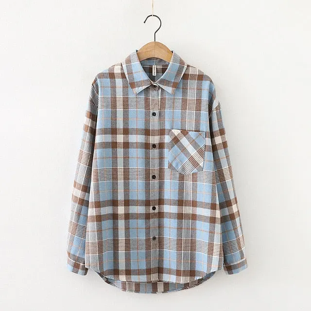 Women Plaid Shirt Chic Checked Blouse Long Sleeve Female Casual Print Shirts Loose Cotton Tops