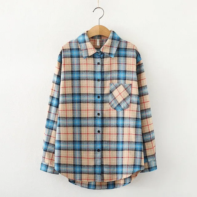 Women Plaid Shirt Chic Checked Blouse Long Sleeve Female Casual Print Shirts Loose Cotton Tops