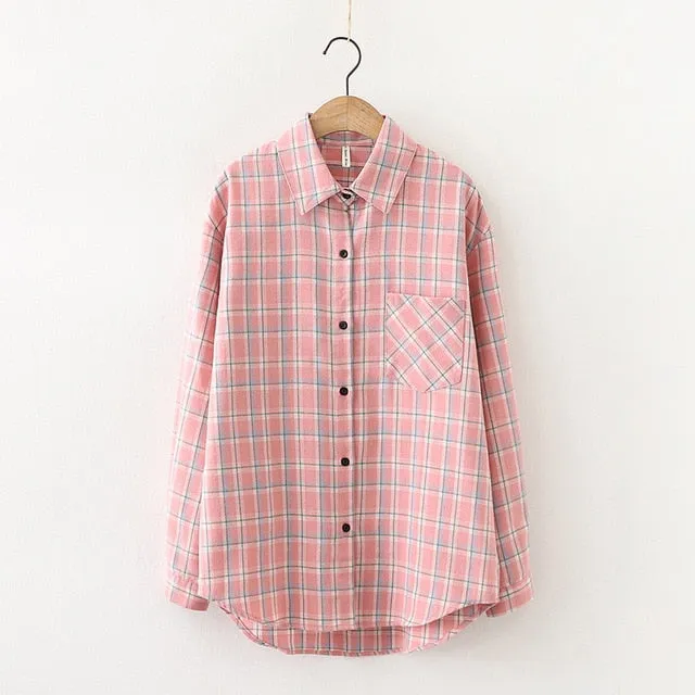 Women Plaid Shirt Chic Checked Blouse Long Sleeve Female Casual Print Shirts Loose Cotton Tops