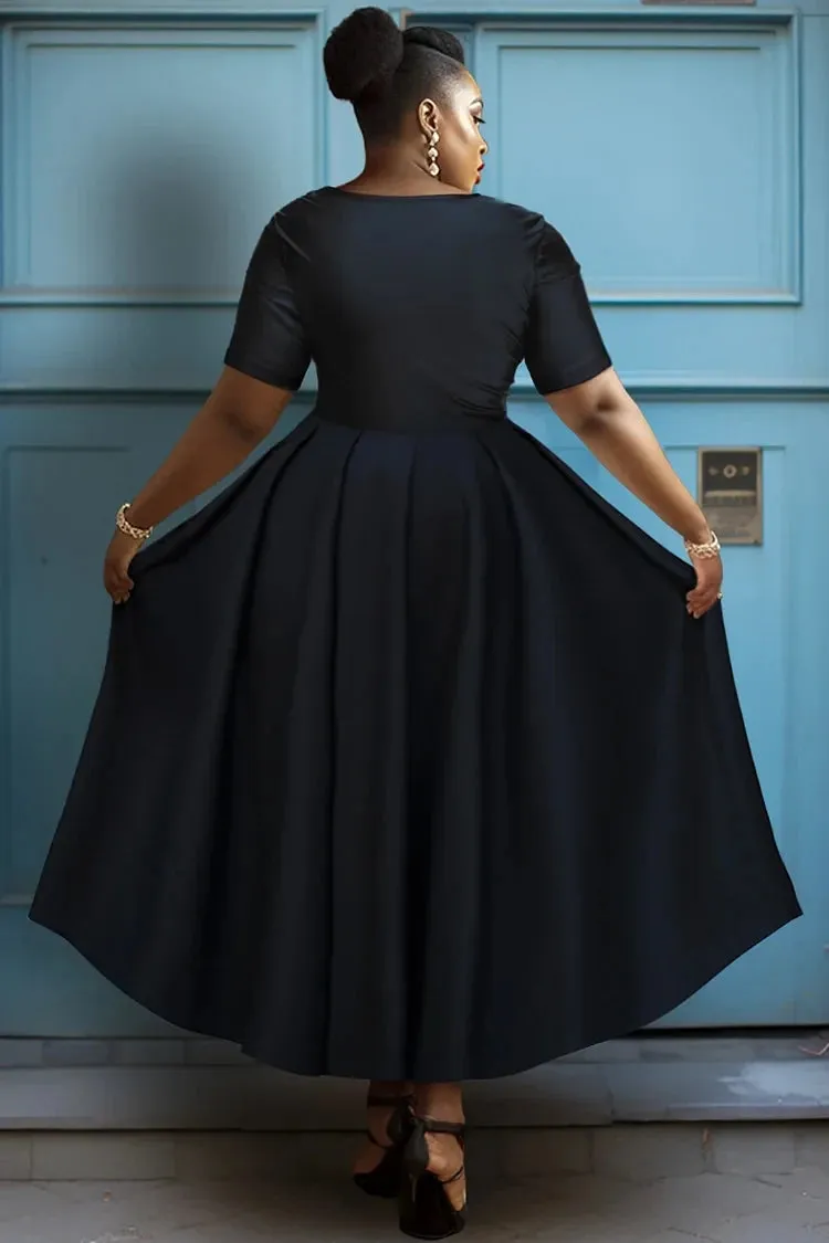 Women Plus Size Black Dress Short Sleeve Summer Casual Pleated A-Line Basic Long Dress Round Neck Fashion Evening Party Dresses