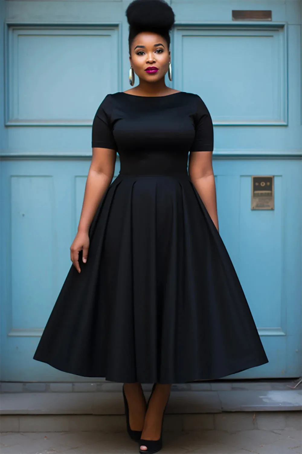 Women Plus Size Black Dress Short Sleeve Summer Casual Pleated A-Line Basic Long Dress Round Neck Fashion Evening Party Dresses