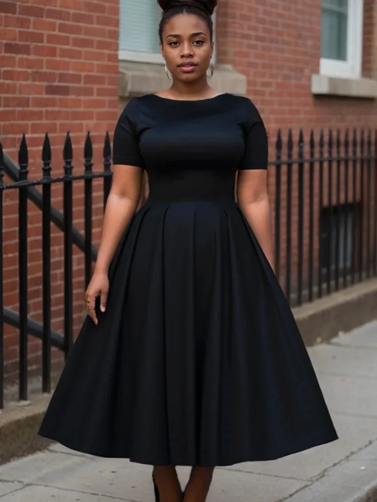 Women Plus Size Black Dress Short Sleeve Summer Casual Pleated A-Line Basic Long Dress Round Neck Fashion Evening Party Dresses