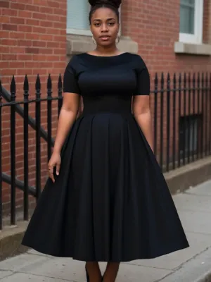Women Plus Size Black Dress Short Sleeve Summer Casual Pleated A-Line Basic Long Dress Round Neck Fashion Evening Party Dresses
