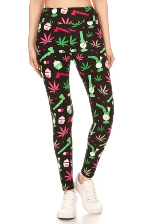 Women Regular High Waist Green Leaf Cannabis Printed Yoga Pants Leggings