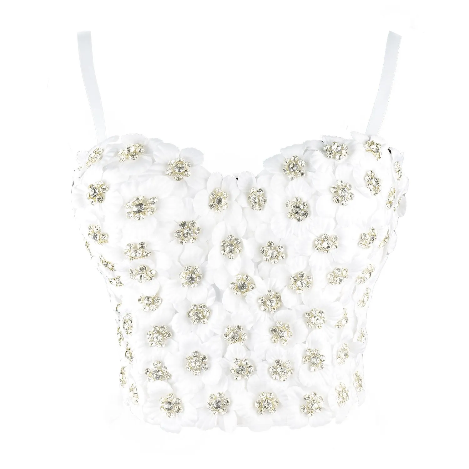 Women's 3D Floral Rhinestone Diamond Bustier Crop Top Party Club Bra Tops White