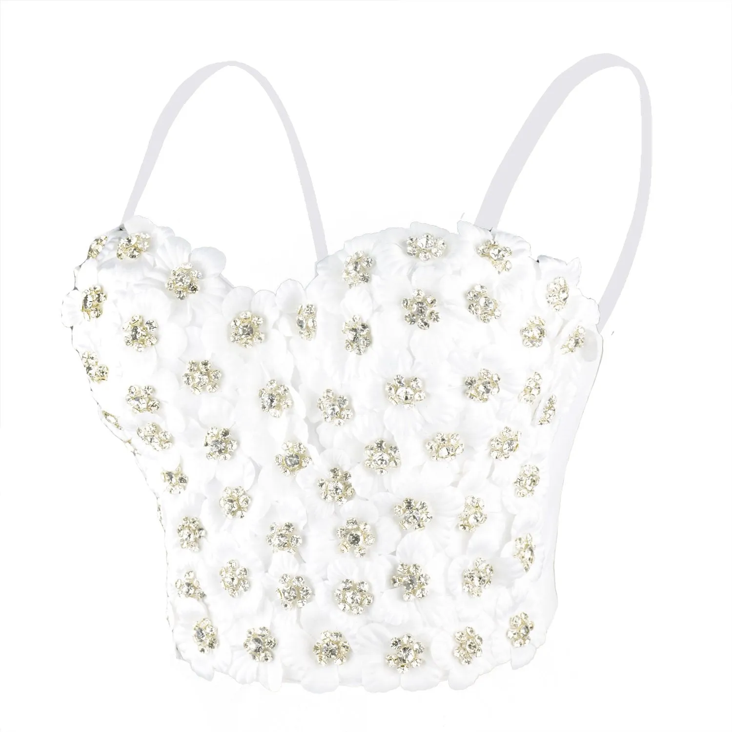 Women's 3D Floral Rhinestone Diamond Bustier Crop Top Party Club Bra Tops White