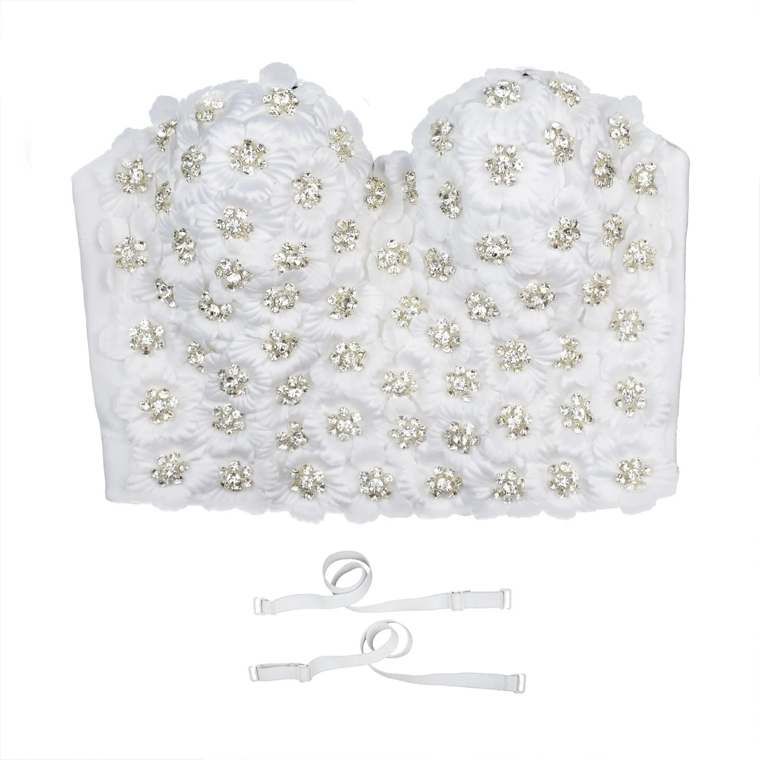 Women's 3D Floral Rhinestone Diamond Bustier Crop Top Party Club Bra Tops White