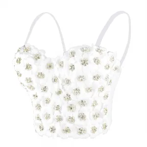 Women's 3D Floral Rhinestone Diamond Bustier Crop Top Party Club Bra Tops White