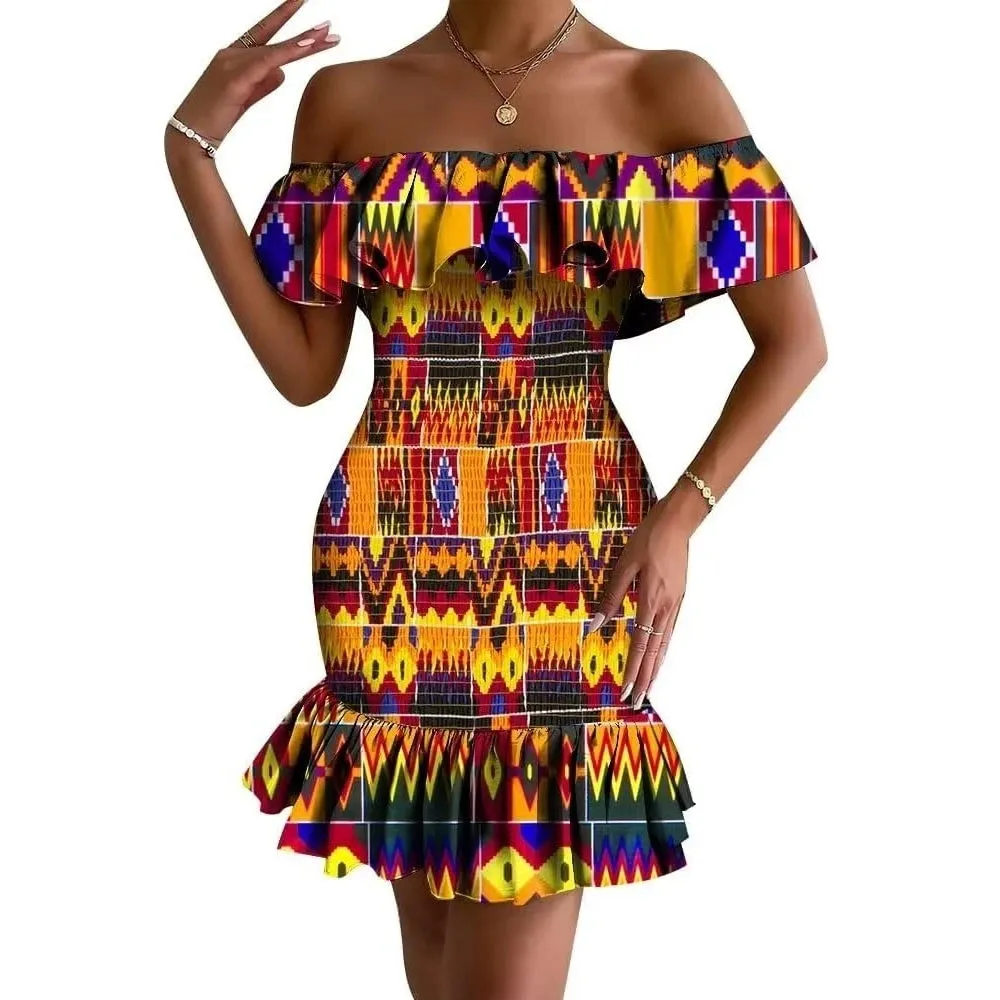 Women's Bodycon Dress Off Shoulder Ruffle Elasticated Ankara Dresses Summer African ankara Print Strentch Dresses WY10200