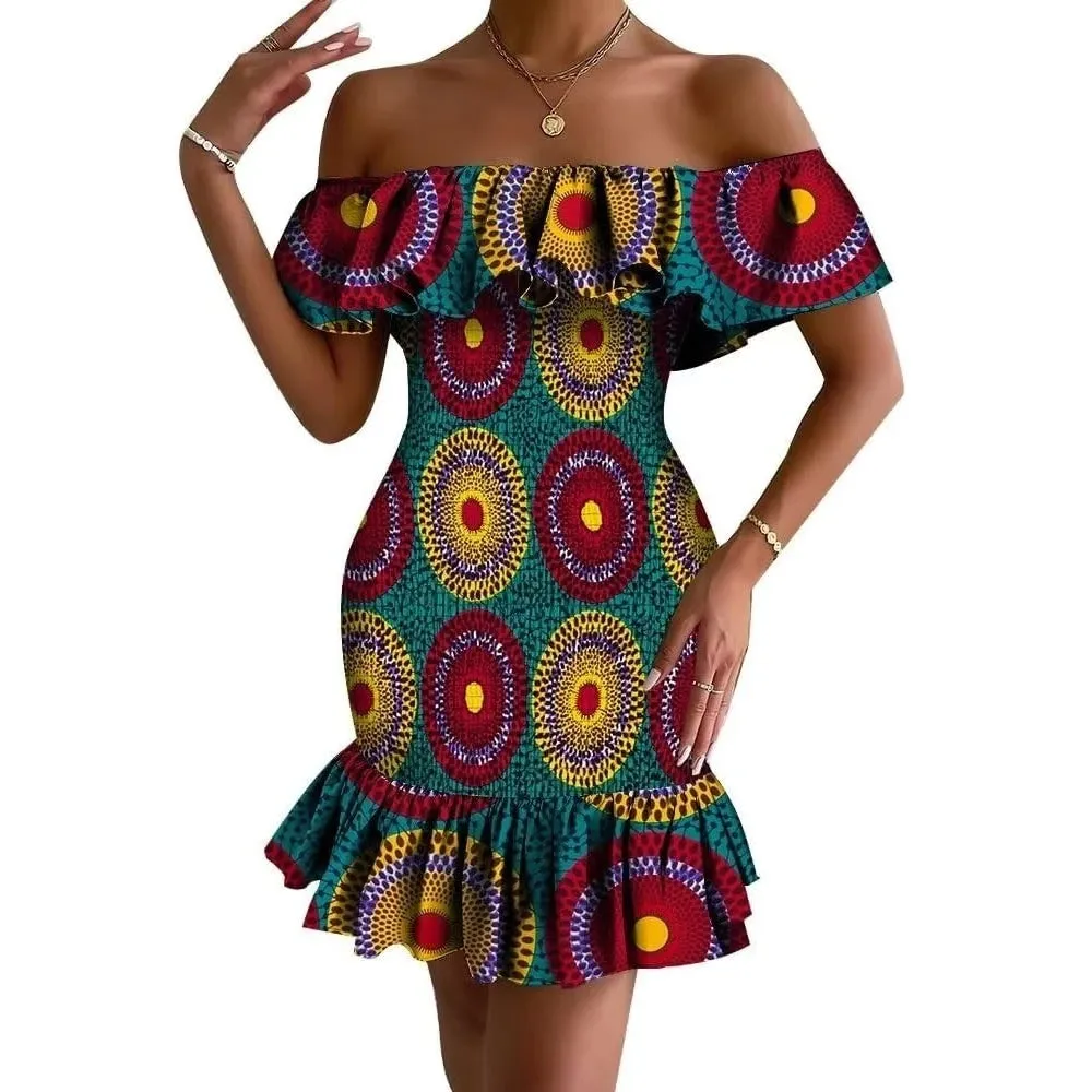 Women's Bodycon Dress Off Shoulder Ruffle Elasticated Ankara Dresses Summer African ankara Print Strentch Dresses WY10200