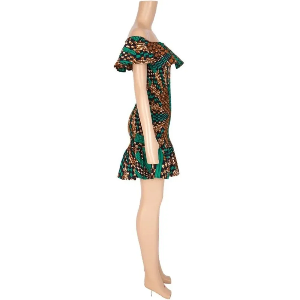 Women's Bodycon Dress Off Shoulder Ruffle Elasticated Ankara Dresses Summer African ankara Print Strentch Dresses WY10200