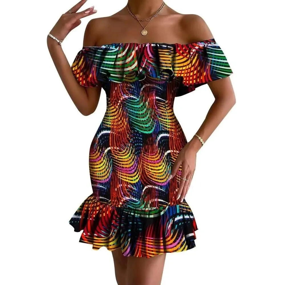 Women's Bodycon Dress Off Shoulder Ruffle Elasticated Ankara Dresses Summer African ankara Print Strentch Dresses WY10200
