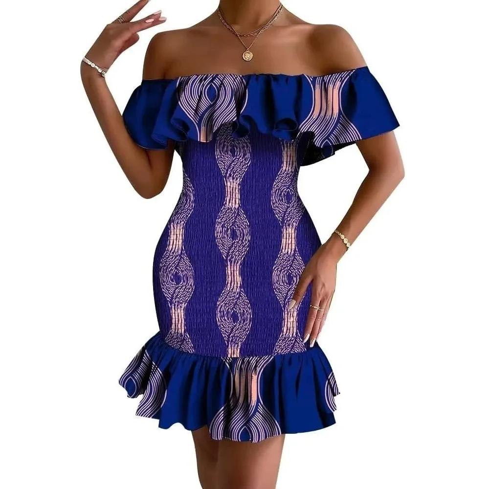 Women's Bodycon Dress Off Shoulder Ruffle Elasticated Ankara Dresses Summer African ankara Print Strentch Dresses WY10200