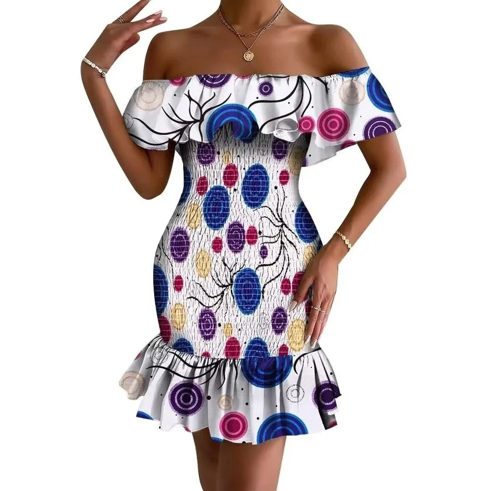 Women's Bodycon Dress Off Shoulder Ruffle Elasticated Ankara Dresses Summer African ankara Print Strentch Dresses WY10200