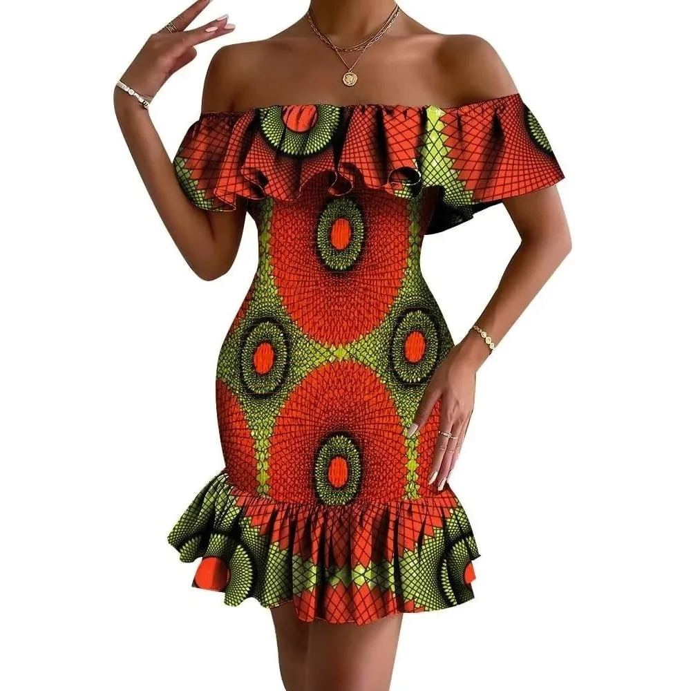 Women's Bodycon Dress Off Shoulder Ruffle Elasticated Ankara Dresses Summer African ankara Print Strentch Dresses WY10200
