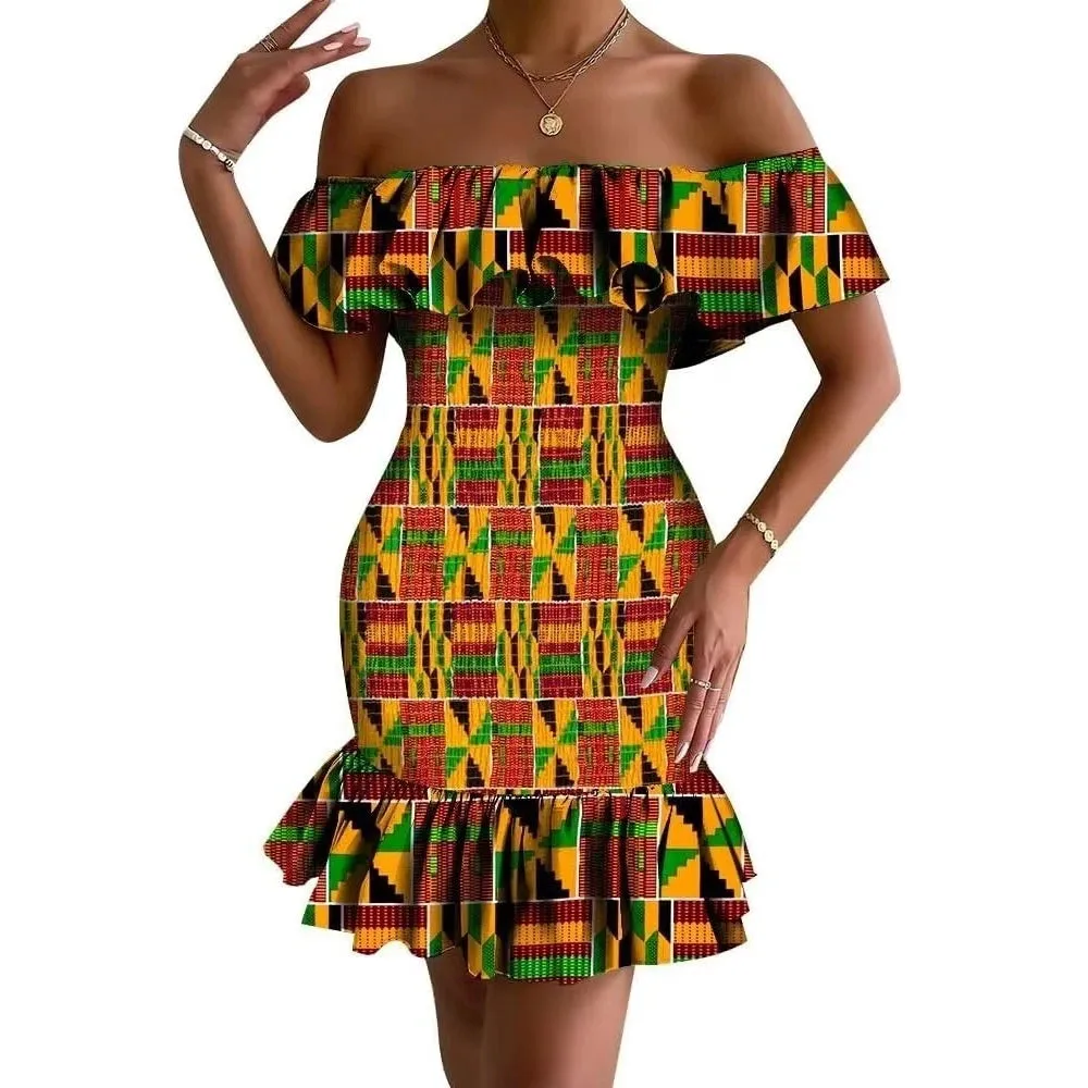 Women's Bodycon Dress Off Shoulder Ruffle Elasticated Ankara Dresses Summer African ankara Print Strentch Dresses WY10200
