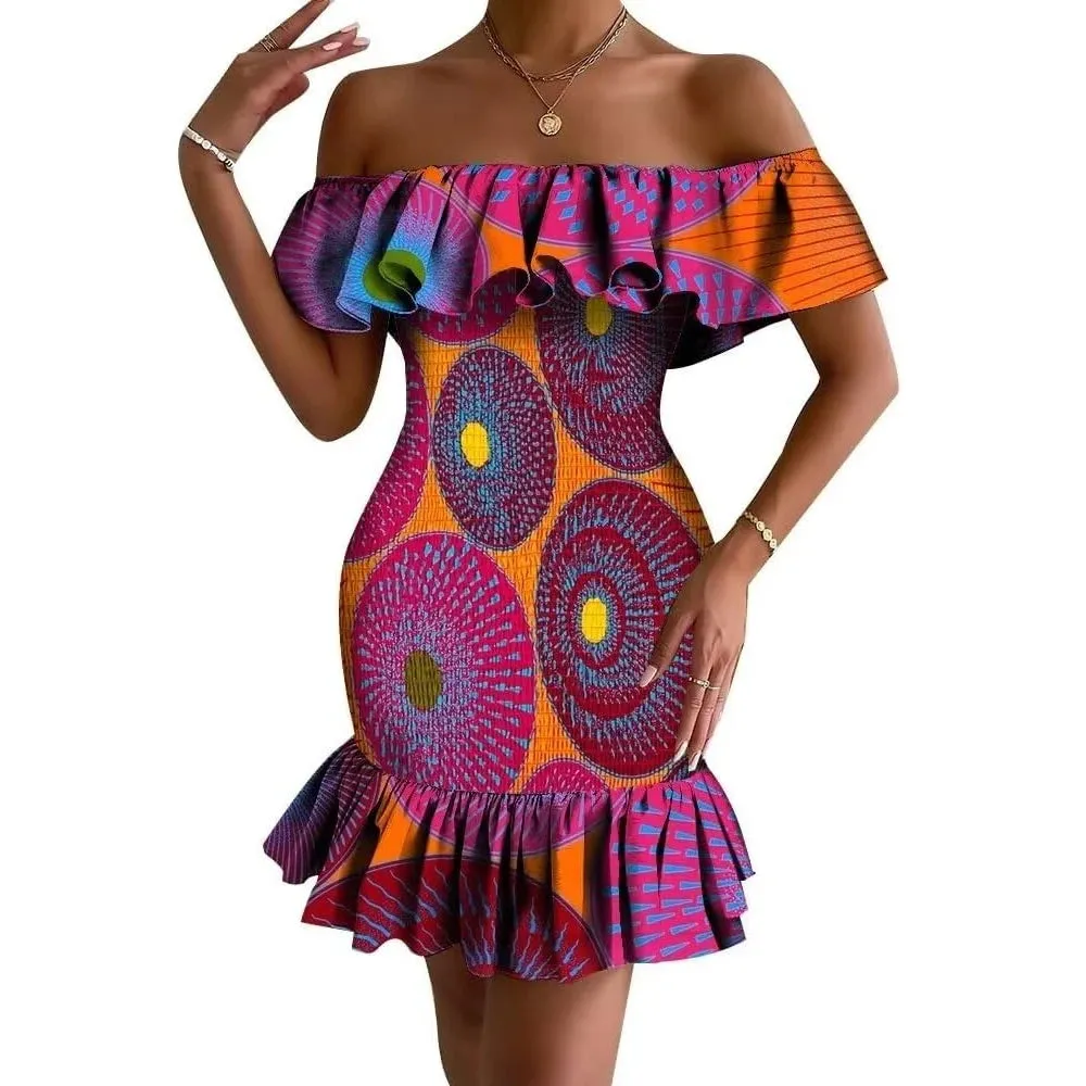 Women's Bodycon Dress Off Shoulder Ruffle Elasticated Ankara Dresses Summer African ankara Print Strentch Dresses WY10200