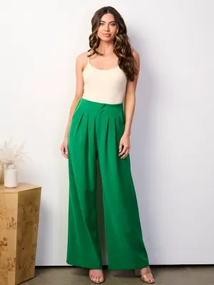 WOMEN'S BUTTON CLOSURE POCKETS PLEATED WIDE LEG PANTS