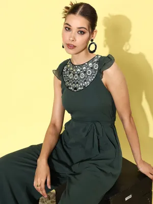 Women's Dark Green Round Neck Ruffled Sleeve Solid Embroidered Regular Jumpsuit