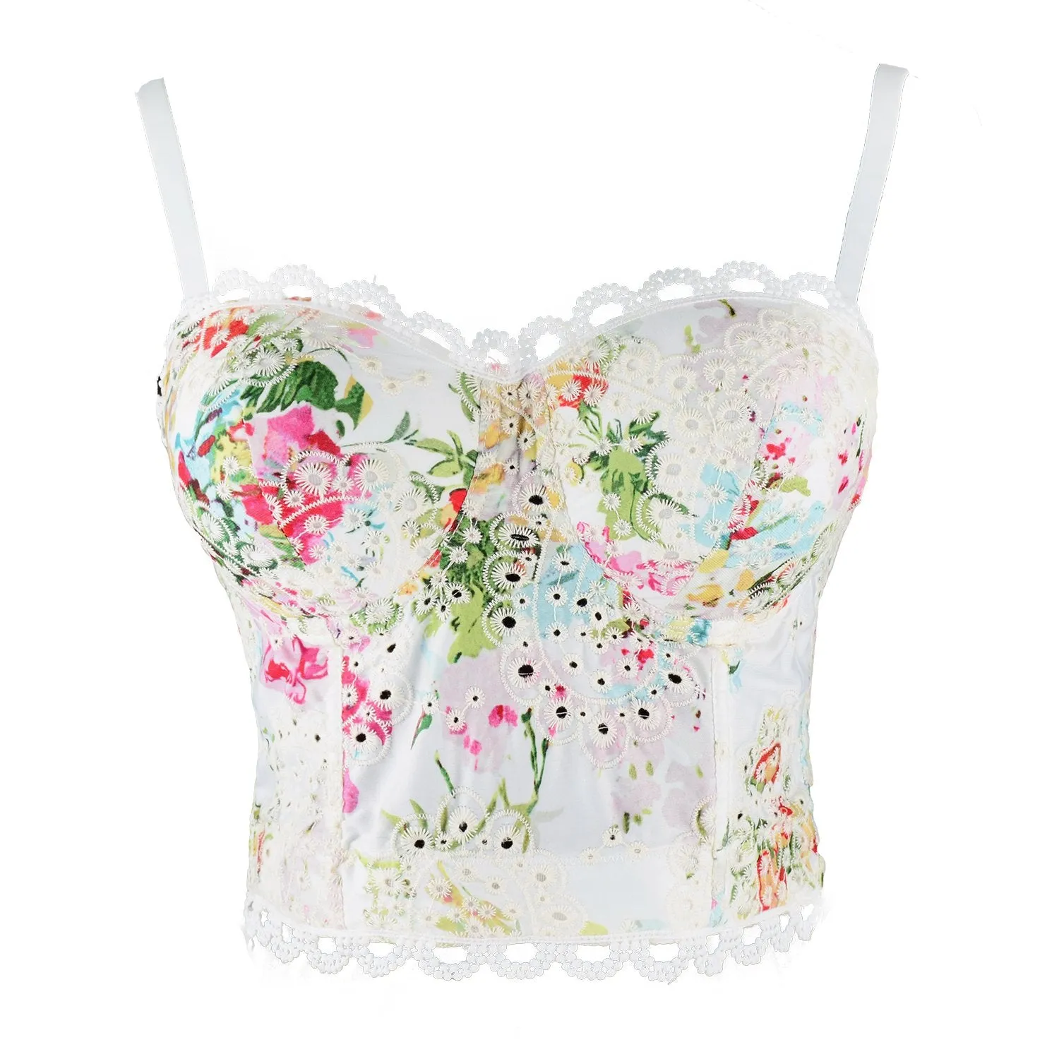 Women's Embroidery Floral Hollow Lace Bustier Crop Top Sexy Corset Bra Tops White