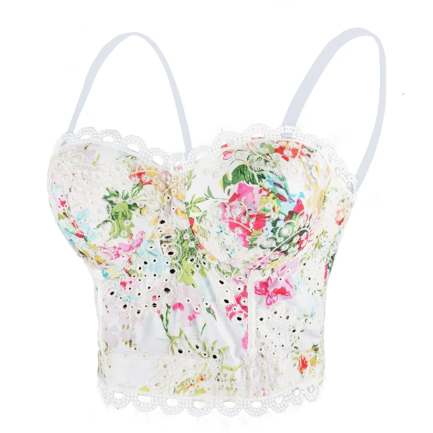 Women's Embroidery Floral Hollow Lace Bustier Crop Top Sexy Corset Bra Tops White