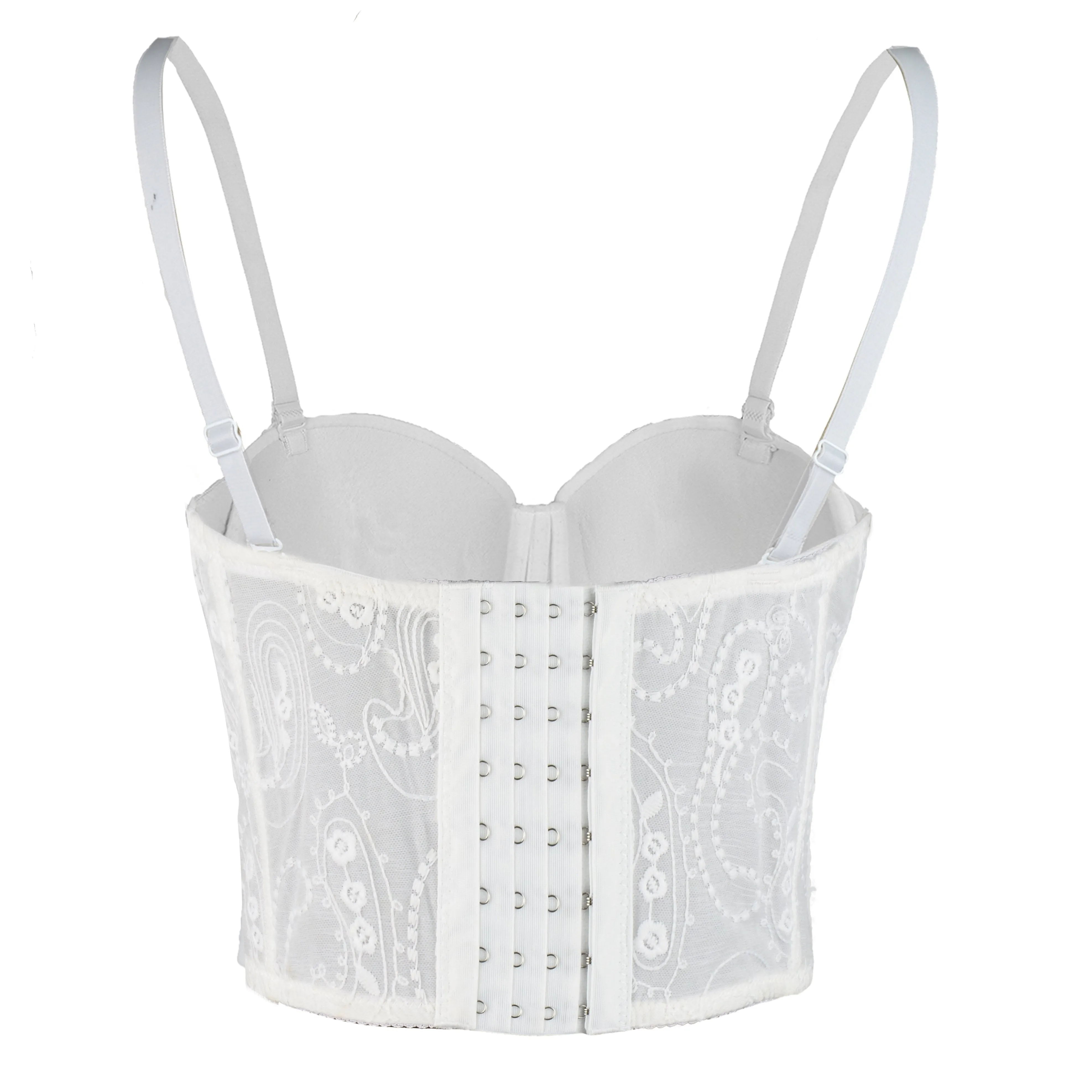 Women's Floral Lace Button Mesh Bustier Crop Top Sexy Corset Bra White