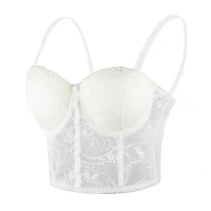 Women's Floral Lace Button Mesh Bustier Crop Top Sexy Corset Bra White
