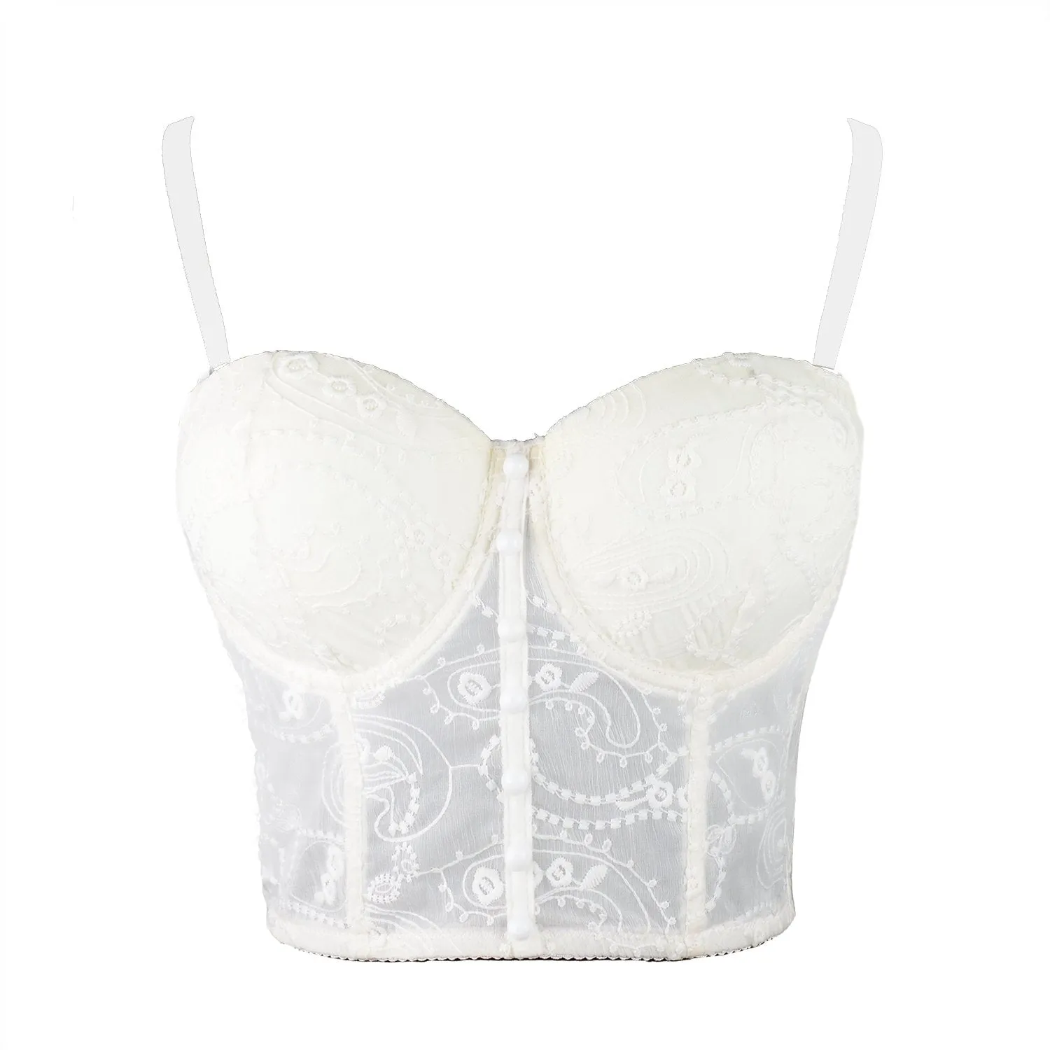 Women's Floral Lace Button Mesh Bustier Crop Top Sexy Corset Bra White