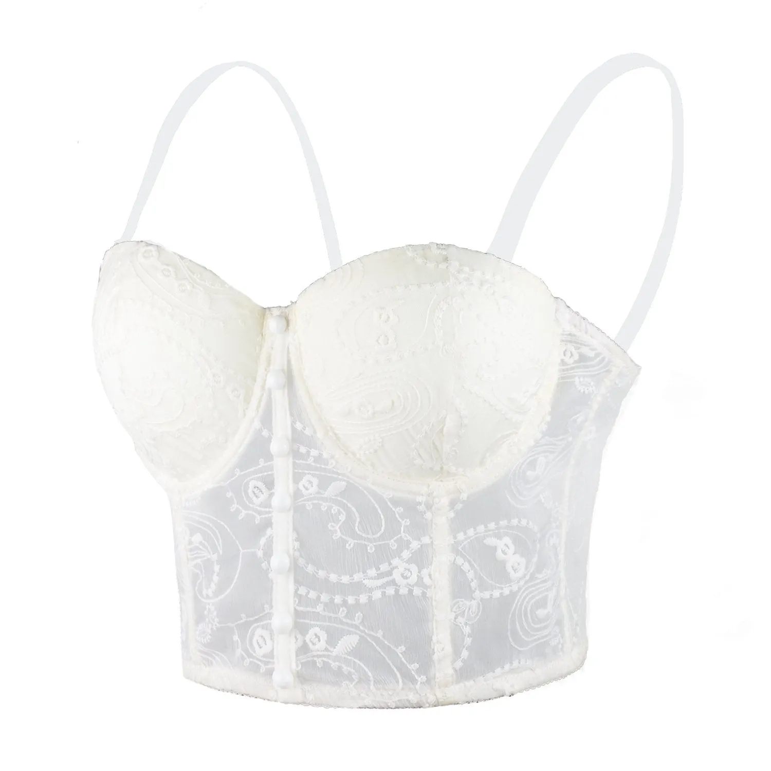 Women's Floral Lace Button Mesh Bustier Crop Top Sexy Corset Bra White