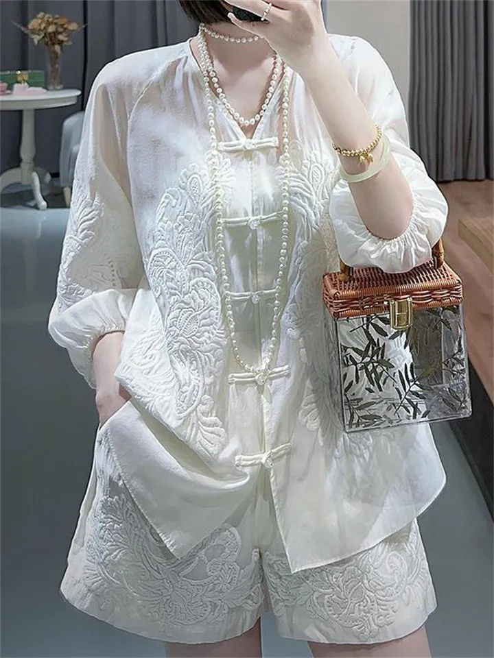 Women's Flower Embroidered Top   Shorts Chinese Style Tang Suit Set