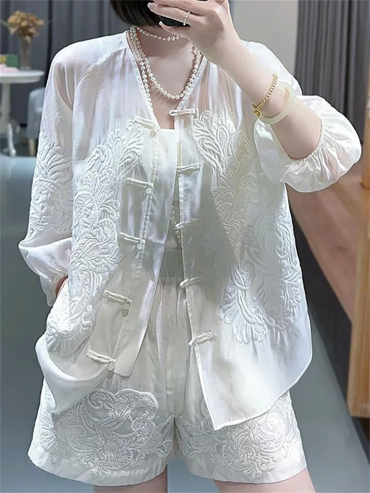 Women's Flower Embroidered Top   Shorts Chinese Style Tang Suit Set
