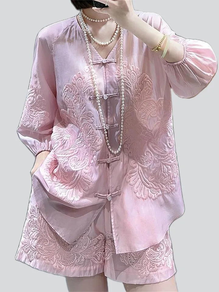 Women's Flower Embroidered Top   Shorts Chinese Style Tang Suit Set