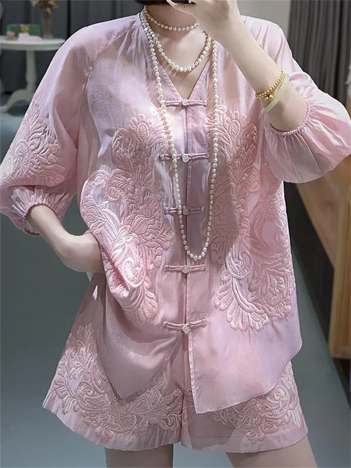 Women's Flower Embroidered Top   Shorts Chinese Style Tang Suit Set