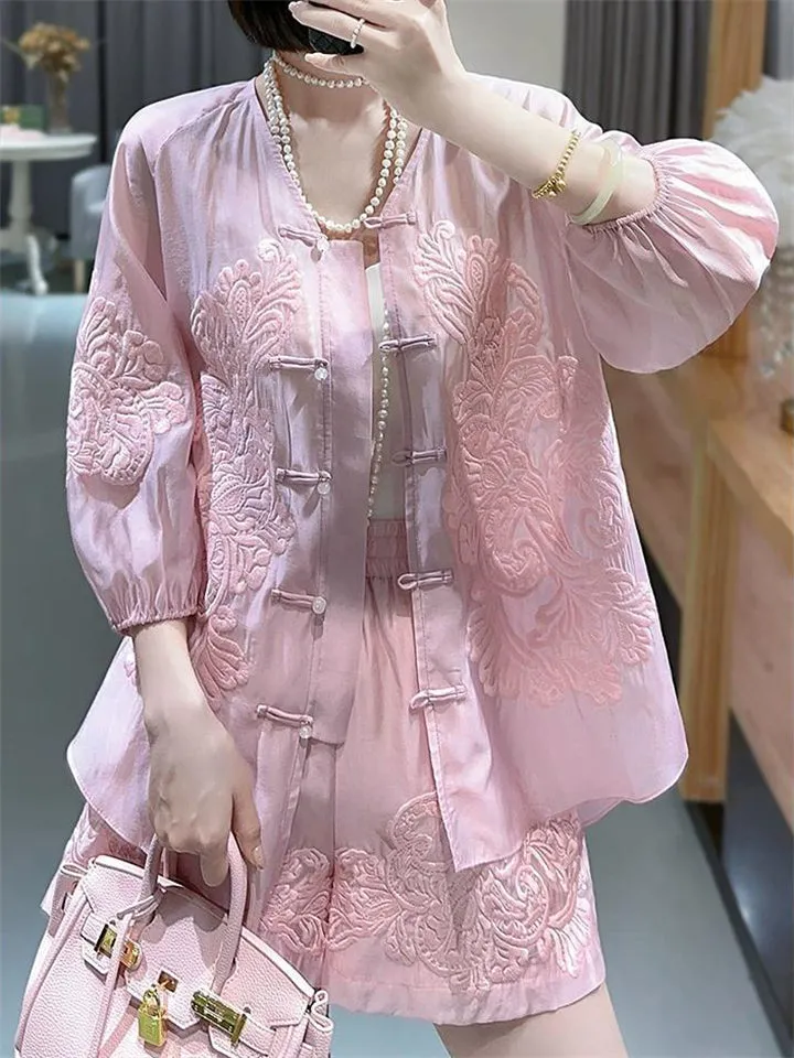 Women's Flower Embroidered Top   Shorts Chinese Style Tang Suit Set