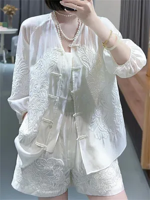 Women's Flower Embroidered Top   Shorts Chinese Style Tang Suit Set