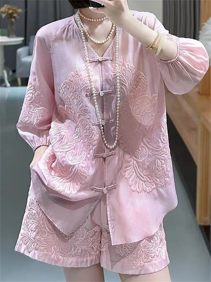 Women's Flower Embroidered Top   Shorts Chinese Style Tang Suit Set