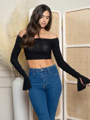 WOMEN'S LONG SLEEVE OFF SHOULDER RUCHED CROP TOP